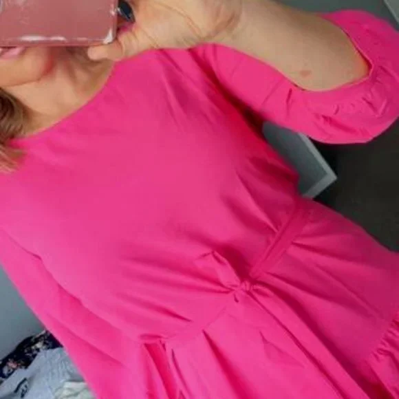 Hot Pink  Bishop Sleeve Ruffle Hem Belted Dress - Picture 11 of 12